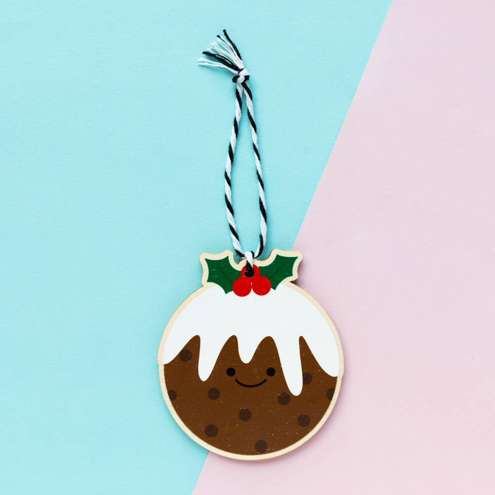 Wooden Christmas pudding Christmas tree decoration made from sustainably certified birch plywood with natural uncoated finish and black & white bakers twine, by Jeff and The Squirrel