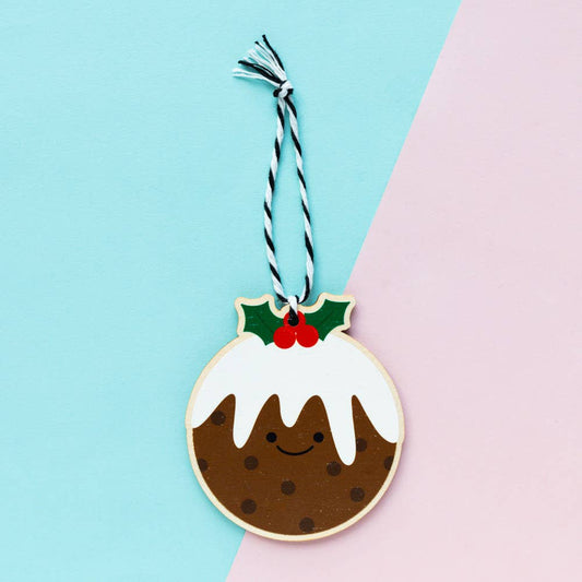 Wooden Christmas pudding tree ornament, handcrafted from sustainably sourced birch plywood, hanging with bakers twine, perfect for an eco-friendly Christmas.