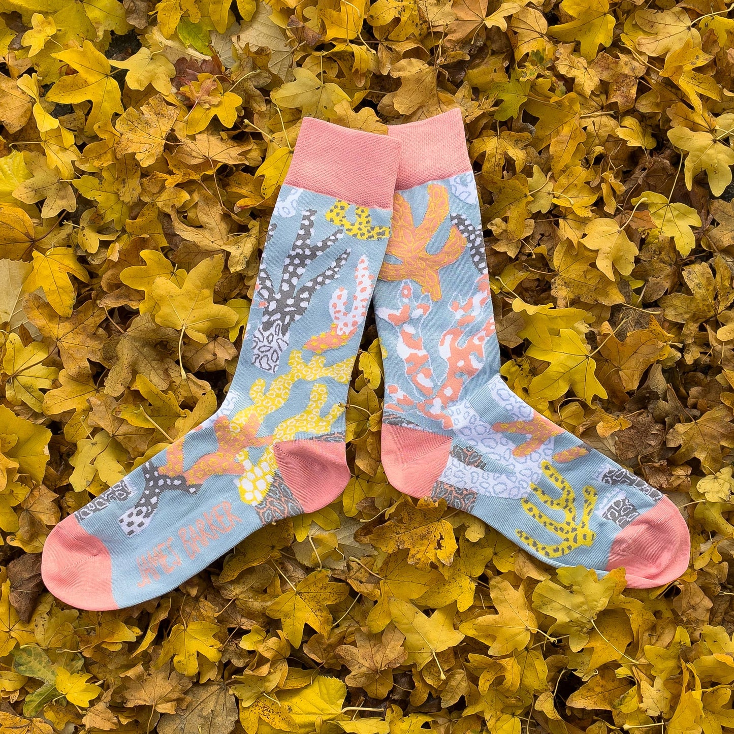 Hand-illustrated coral cotton socks by James Barker—unisex, colourful, playful coral design, bold accessory for ocean lovers.
