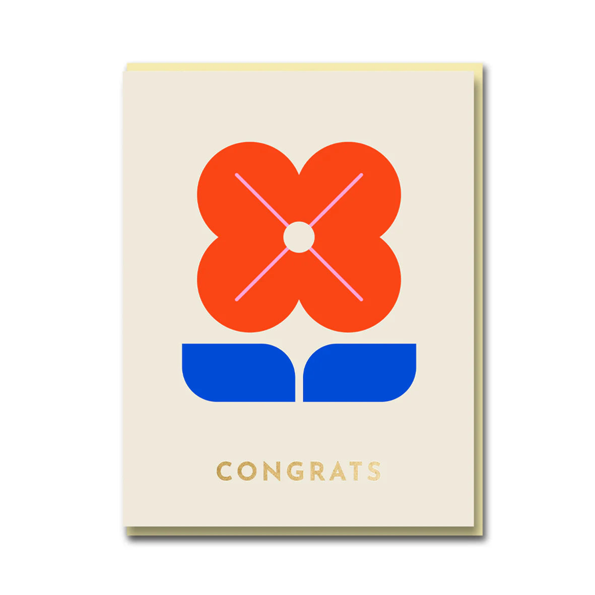 Darling Clementine 'Congrats' greeting card with gold foil text and vibrant red and blue flower illustration, on a cream background.