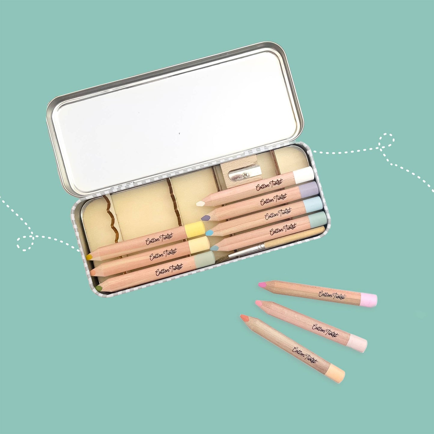 Cotton Twist Pastel Watercolour Pencils Set open tin with pencils, paintbrush, and sharpener