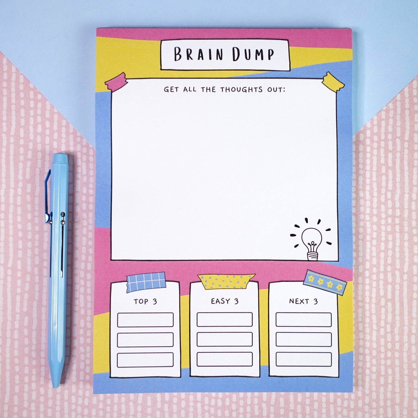 A5 Brain Dump Notepad by Sunshine Lane—lined pages with ‘Top 3’, ‘Easy 3’, ‘Next 3’ tasks section, 120gsm paper.