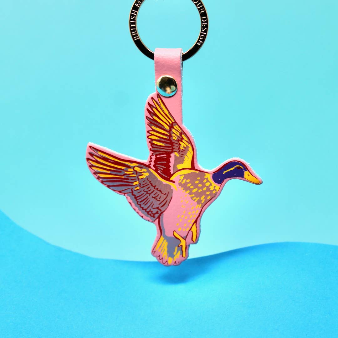 Holy Duck leather key fob with embossed flying duck design and text, British made by Ark Colour Design.