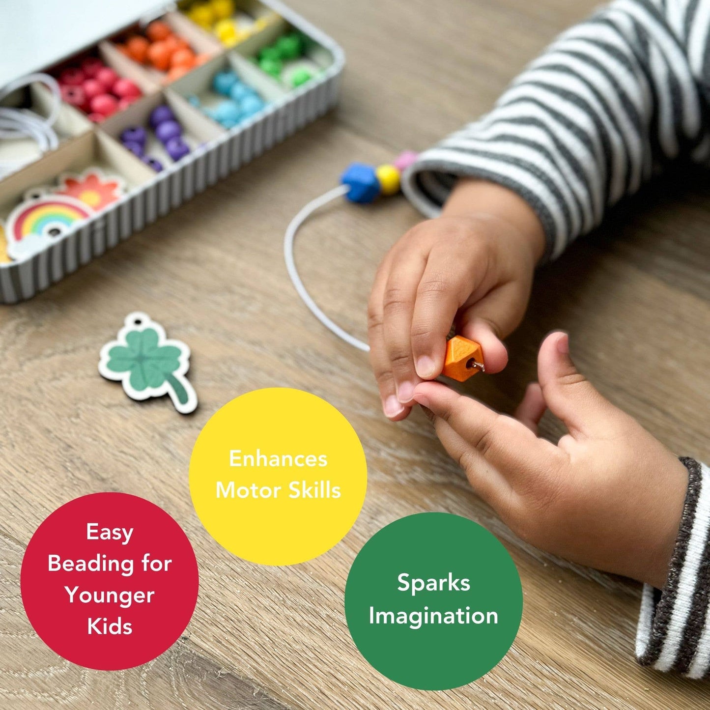 The Lucky Dip Keyring making kit is a wonderful plastic free activity. It offers a selection of wooden fobs to include a clover, flower, starfish, ice cream & a rainbow, allowing children to create 5 keyrings. The kit also comes with rainbow coloured spacer geometric beads to complement the showpiece beads for vibrant accessories!