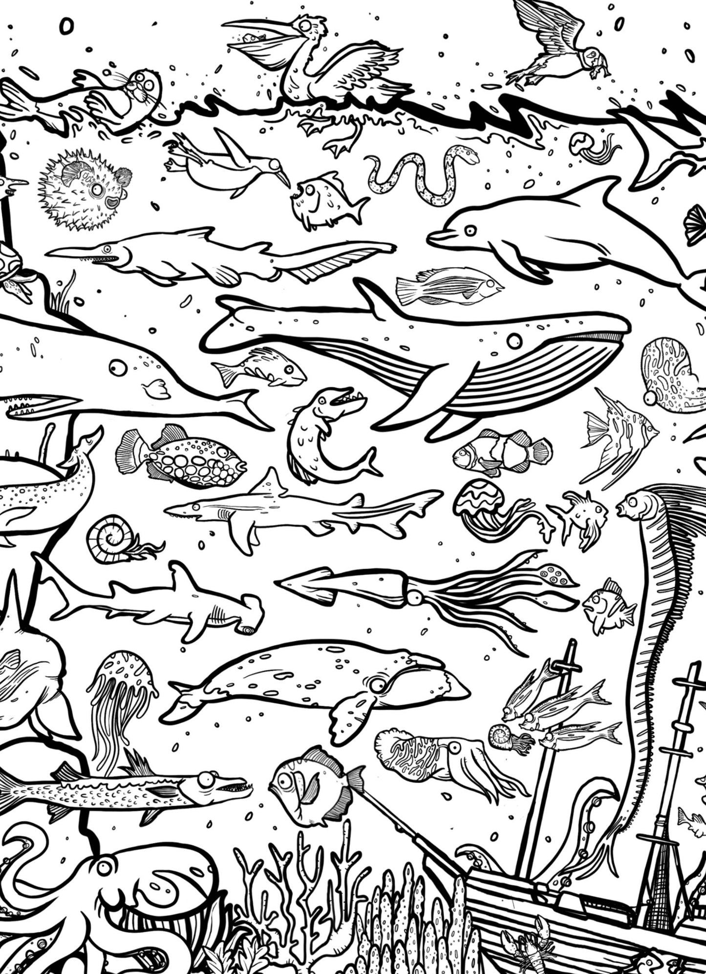 Ocean Giant Colouring In Poster by Dixon Does Doodles—A0, underwater scene, eco-friendly, 160gsm, folds to A4 box, UK made.