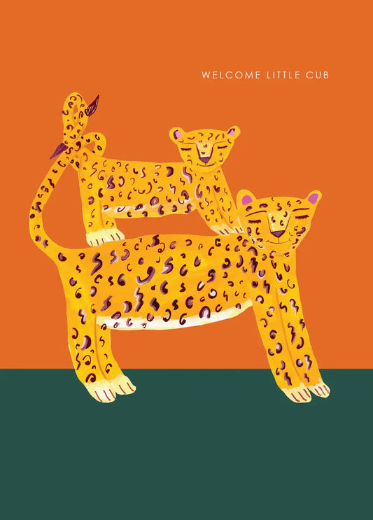 Full view of 'Leopard and Cub' new baby greetings card with recycled kraft envelope