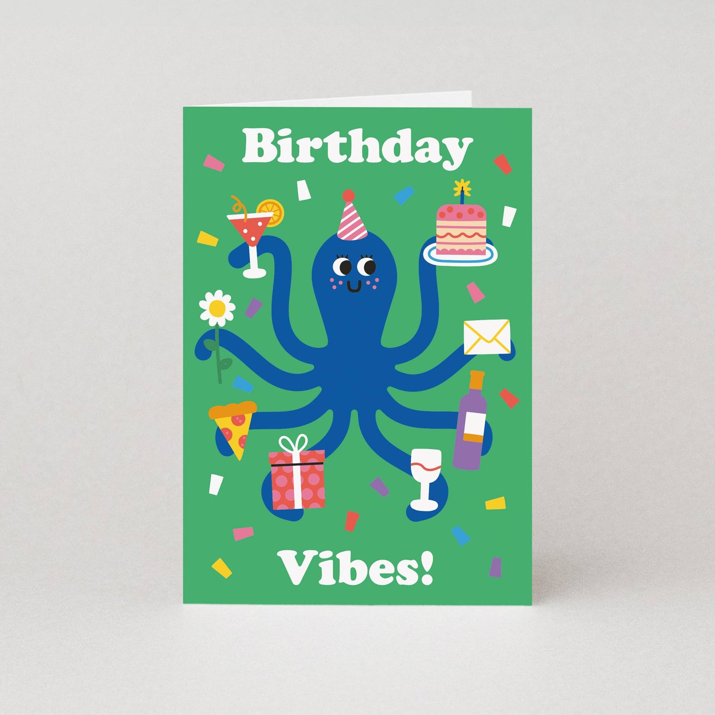 Illustrated octopus birthday card with cake and pizza