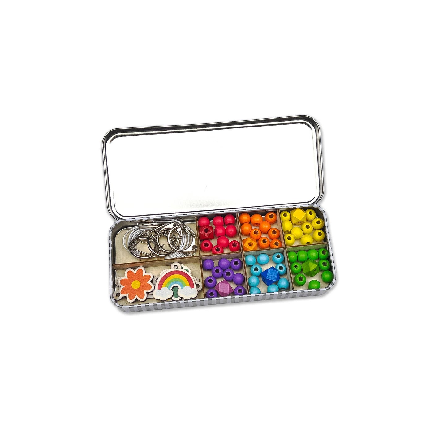 The Lucky Dip Keyring making kit is a wonderful plastic free activity. It offers a selection of wooden fobs to include a clover, flower, starfish, ice cream & a rainbow, allowing children to create 5 keyrings. The kit also comes with rainbow coloured spacer geometric beads to complement the showpiece beads for vibrant accessories!