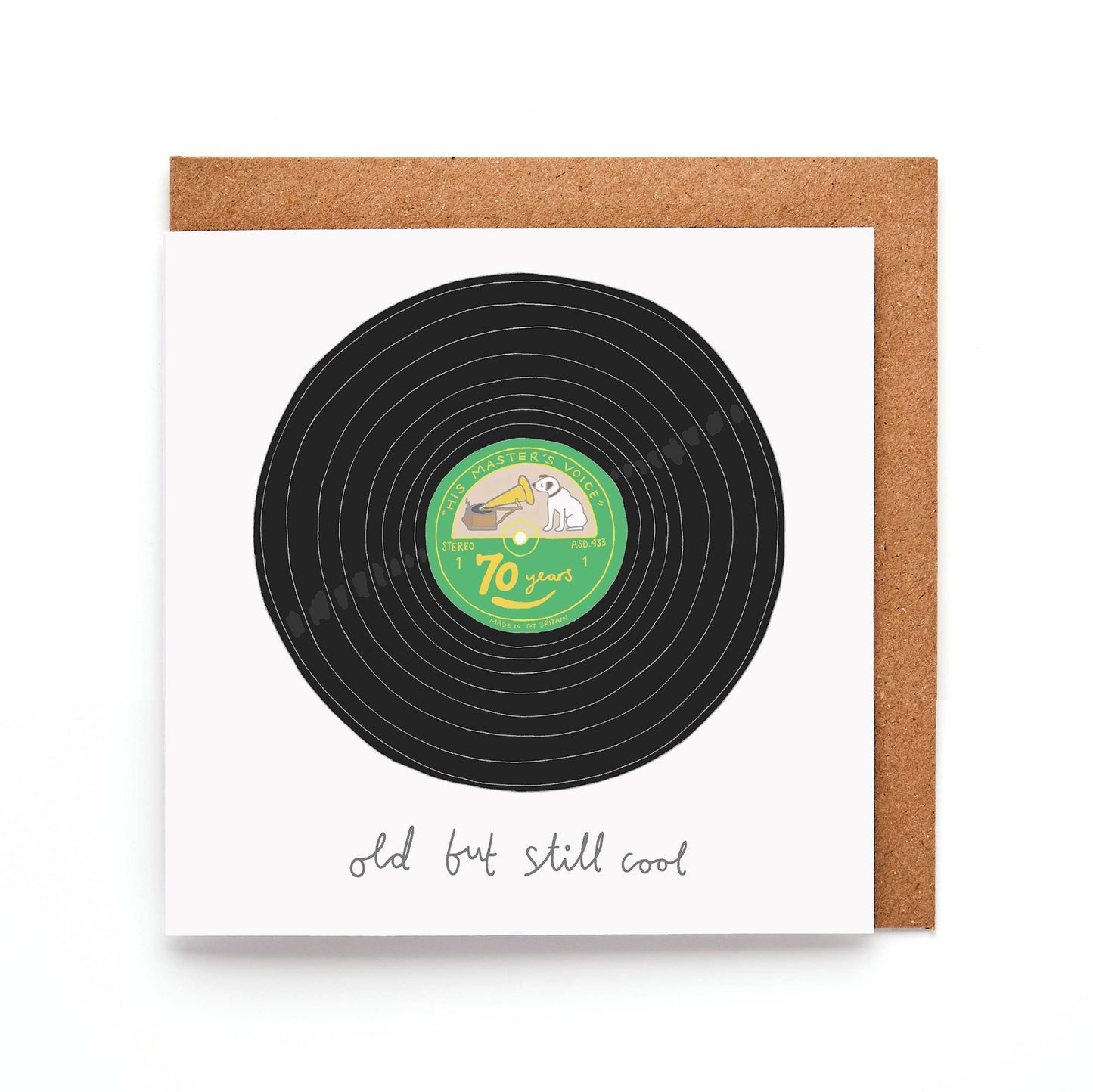 Featuring a hand-drawn illustration of a vinyl record, this witty card celebrates turning 70 with style and humour. The message on the front, written in a playful, hand-drawn font, reads "70 years, Old but Still Cool," making it the perfect choice for music lovers or anyone with a timeless sense of cool.