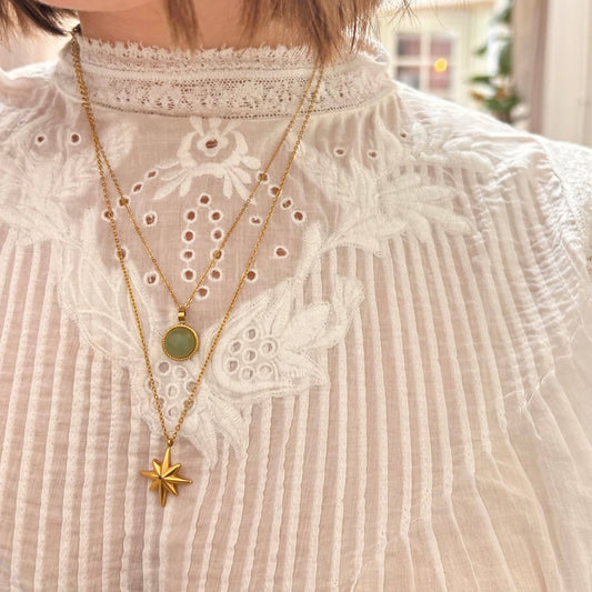 Close-up of 8-pointed Gold Star Pendant on a delicate chain