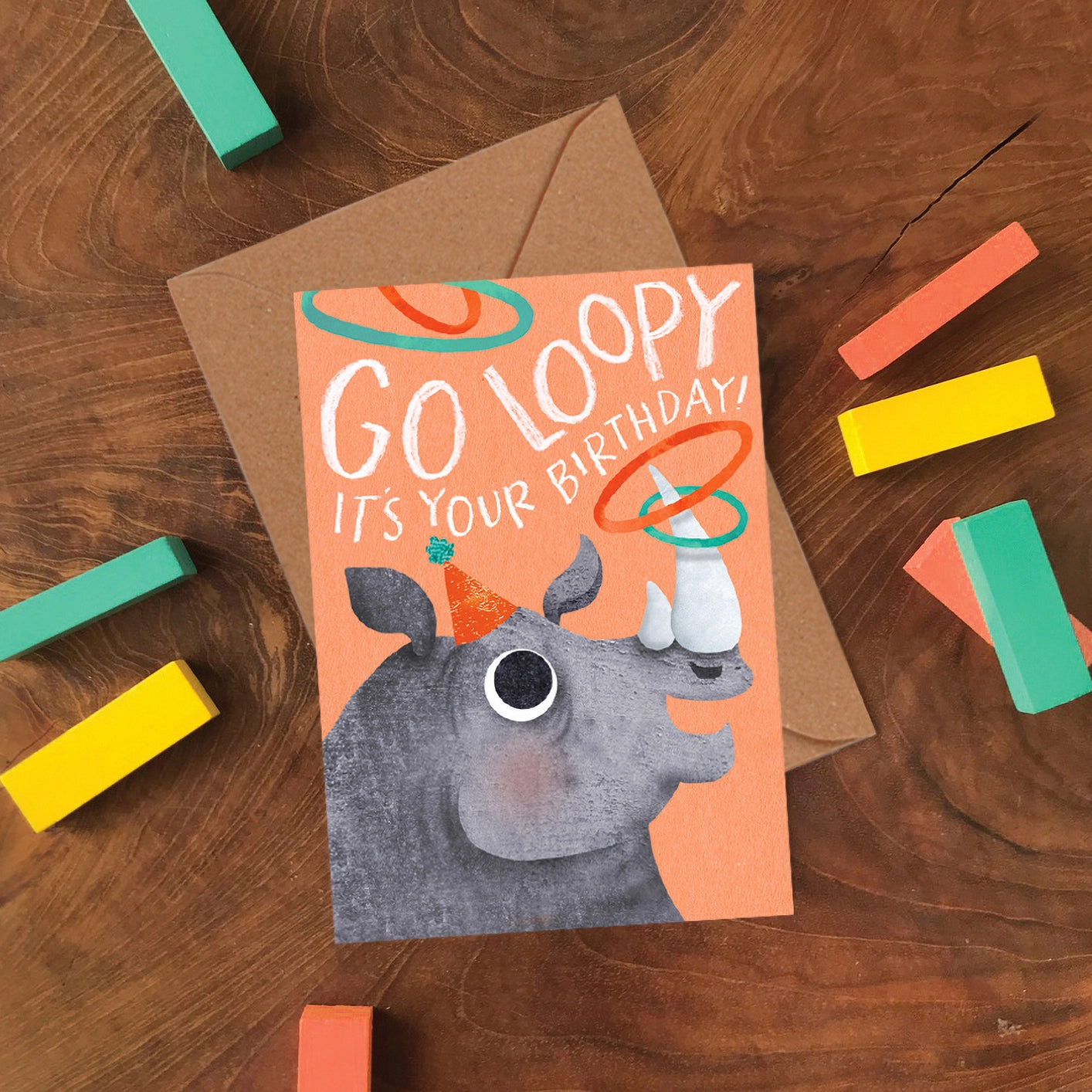 Set of six assorted circus animal greeting cards by Emily Nash, printed on sustainably certified matte card with recycled kraft envelopes, in a cardboard gift box.