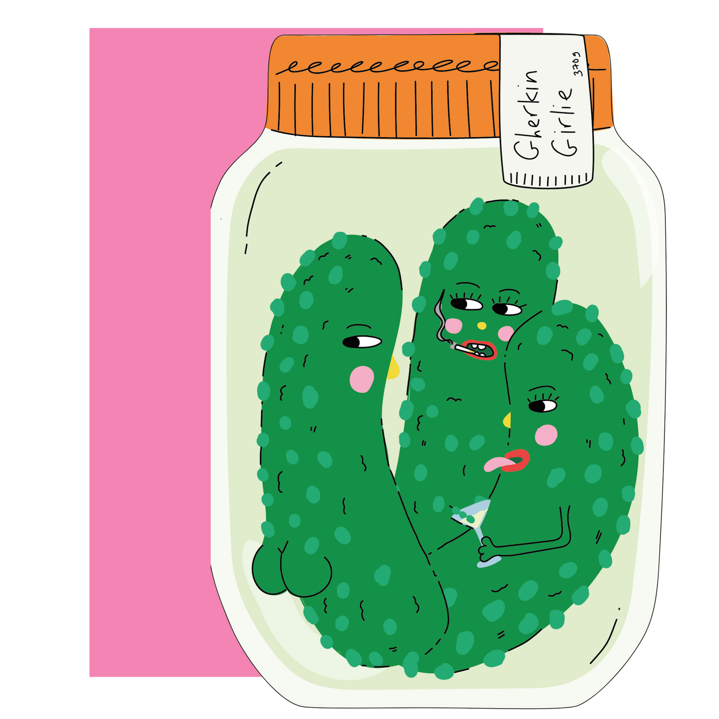Eat the Moon Gherkin Girlie Die Cut Greeting Card front with playful gherkin design