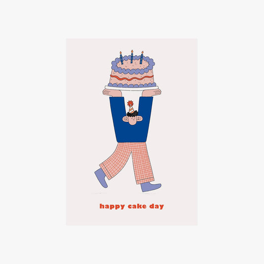 Happy Cake Day greeting card by Hollie Fuller, vibrant birthday cake illustration on A6 recycled card with plastic-free kraft envelope, eco-friendly UK made