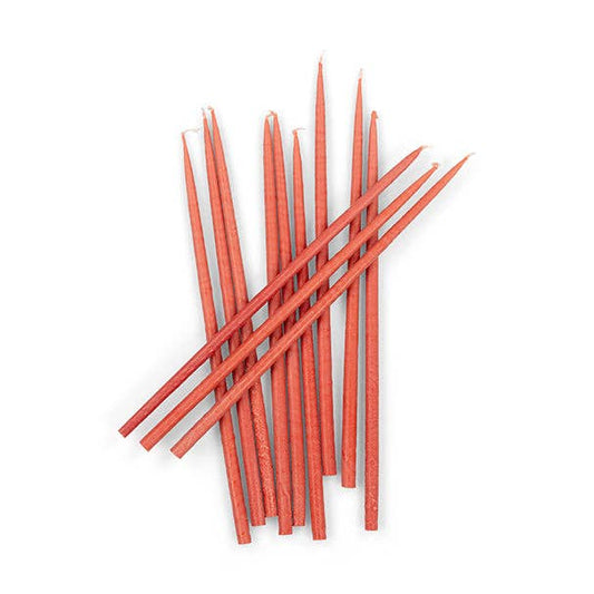 Close-up of Guardsman Red Thin Taper Candles, 100% vegetable stearin wax.