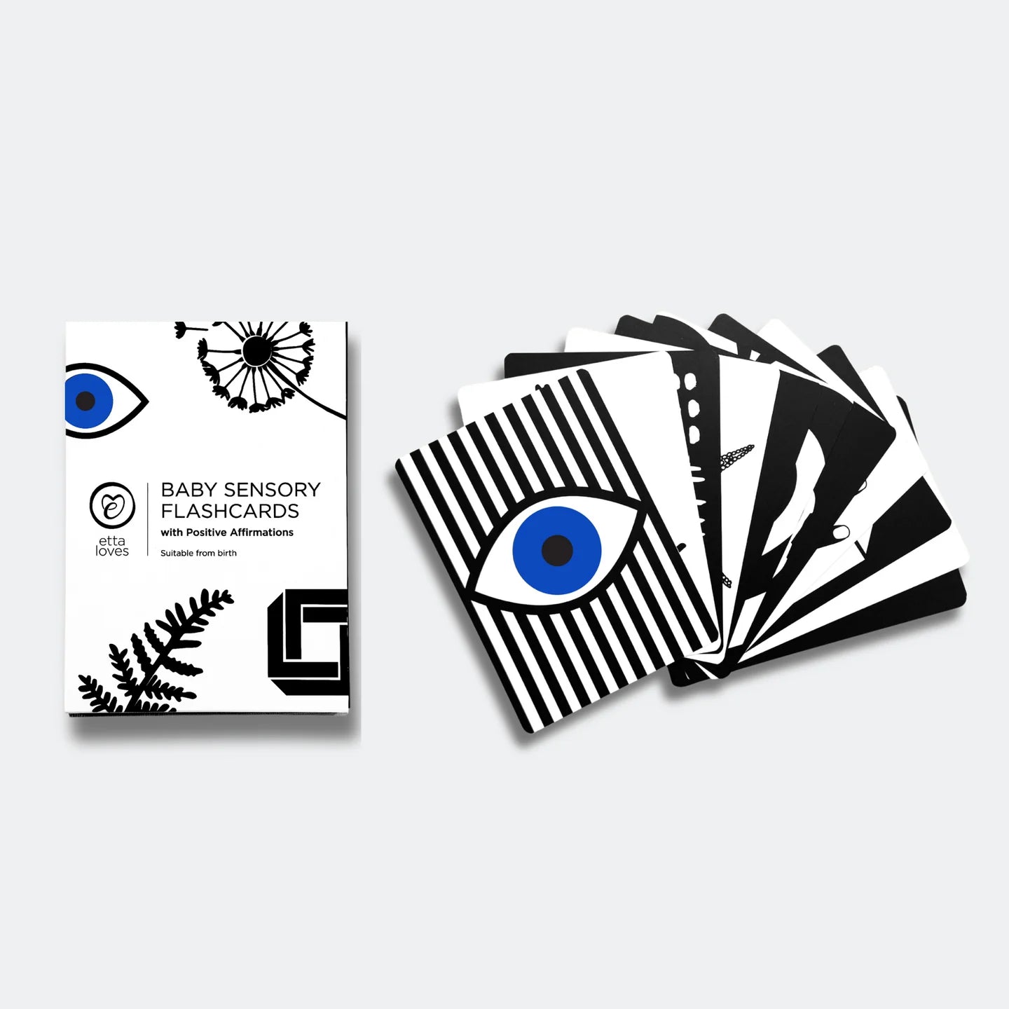 Etta Loves sensory flashcard set with black-and-white high contrast patterns and affirmations on the reverse, in recyclable UK-made packaging.