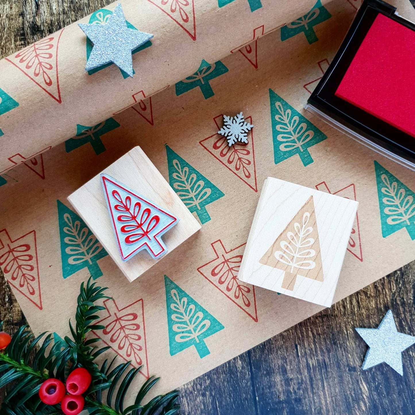 Scandi style Christmas tree rubber stamps, handmade on eco-friendly hourglass wooden blocks, perfect for sustainable holiday card making and gift wrapping, made in Devon UK