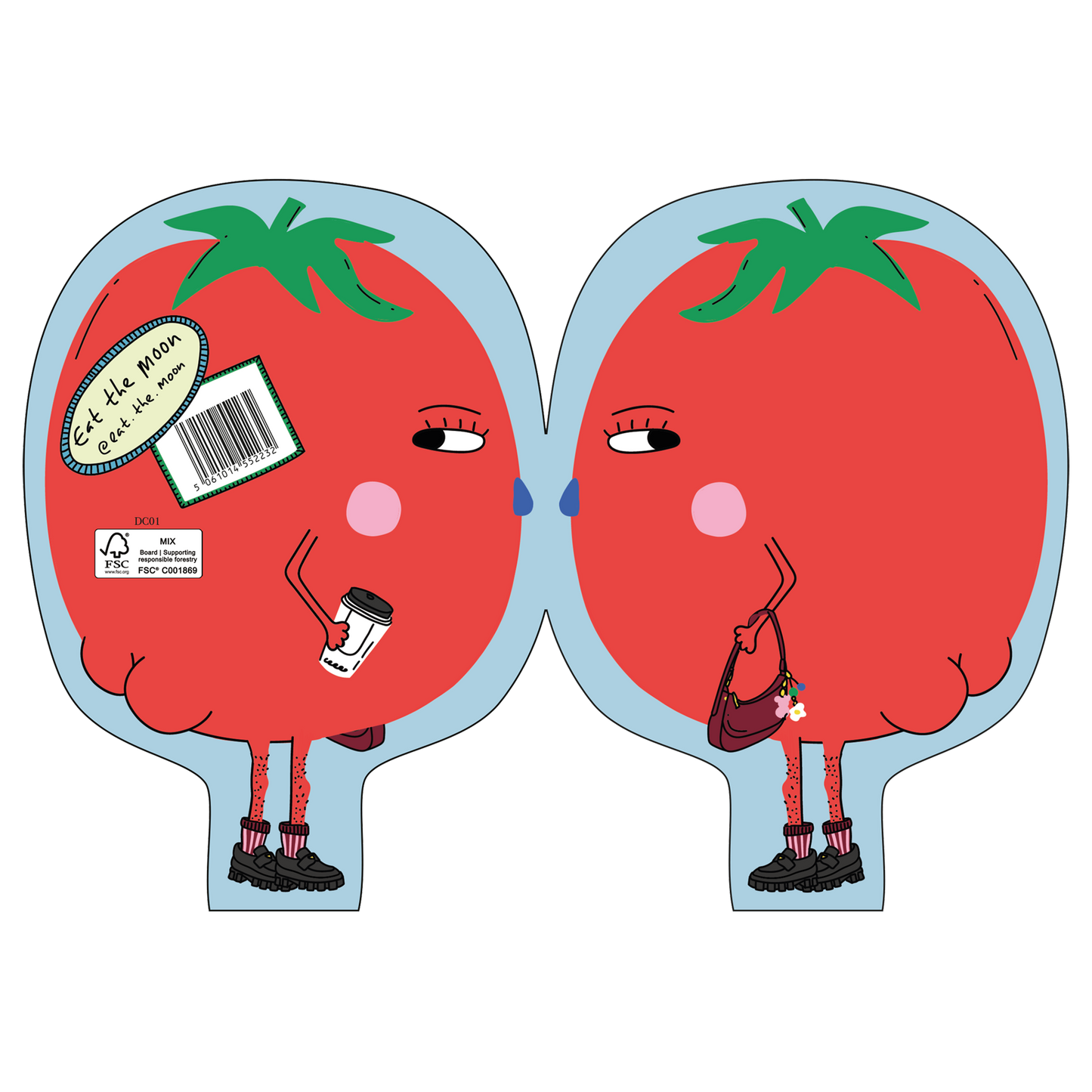 Eat the Moon Hey Tomato! Die Cut Greeting Card front with playful tomato design