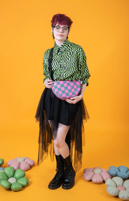 Adjustable strap detail on Yolla Studio Pink Checkered Teal Sling Bag