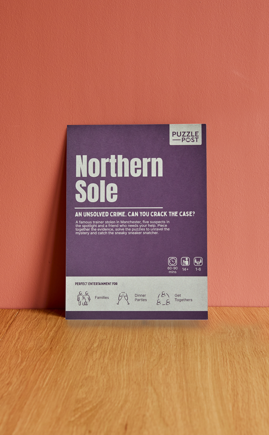 Cold Case Northern Sole puzzle game box featuring sneaker theft mystery, eco-friendly packaging, and multiplayer detective challenge