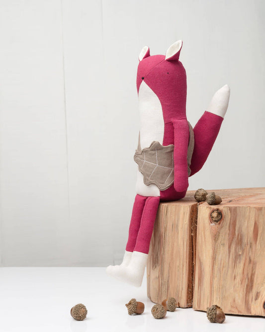 Florence the Fox plush toy, close-up of face and embroidered features