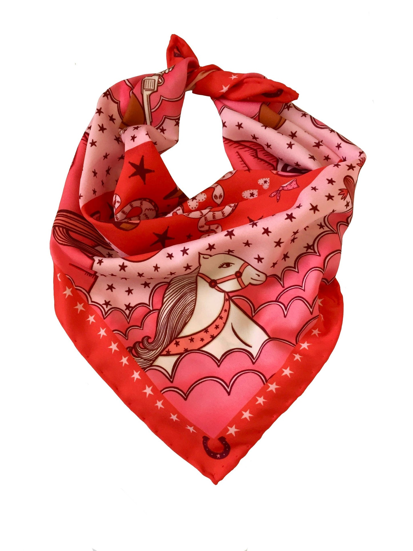 Eco silk twill pocket square with sassy cowgirl and white stallion, cacti, stars, boots, snakes, mountains, and horseshoe border in red and pink. Made from recycled polyester, designed by Su Owen.