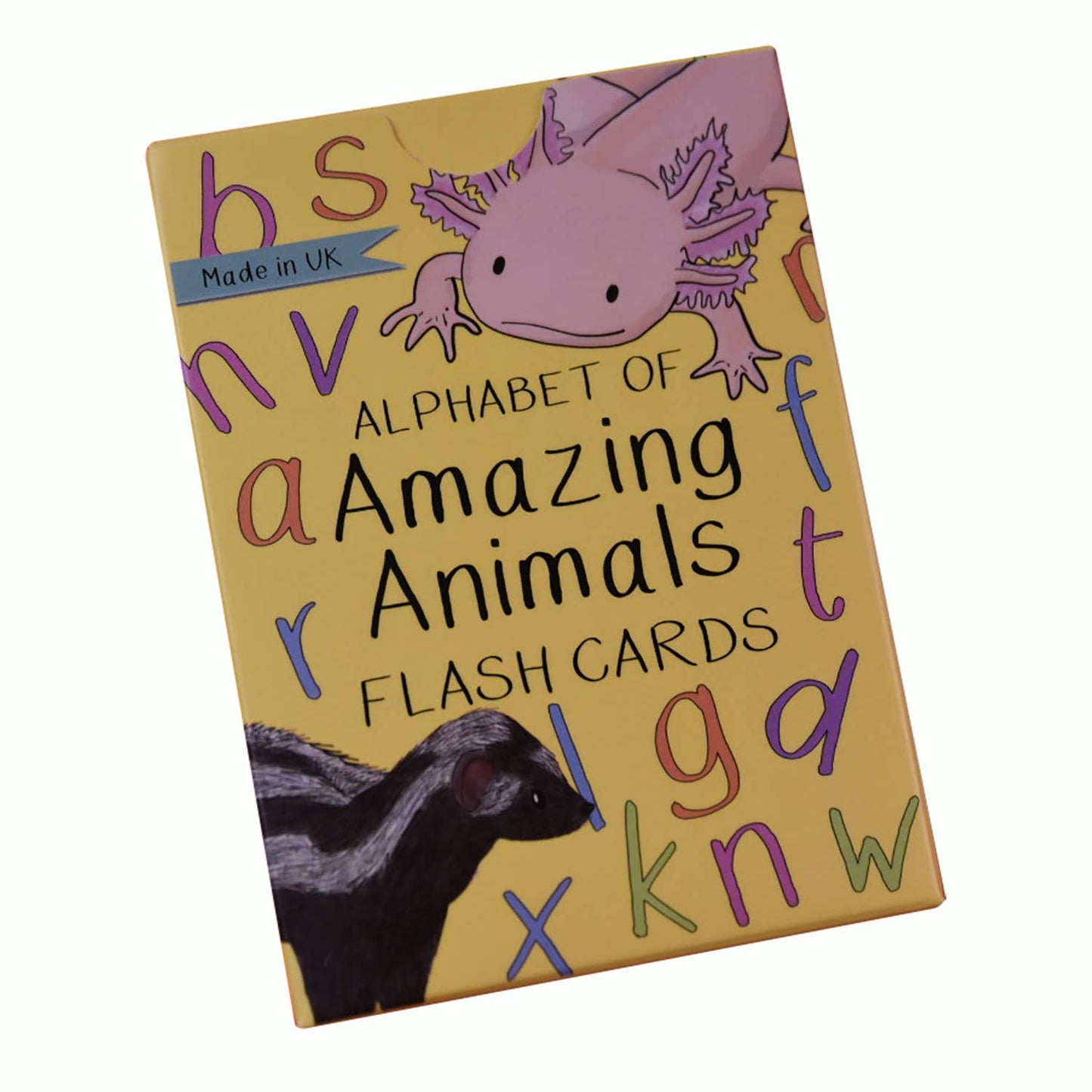 Amazing Animals Alphabet Flash Cards set, featuring diverse animal illustrations and letters for educational play.
