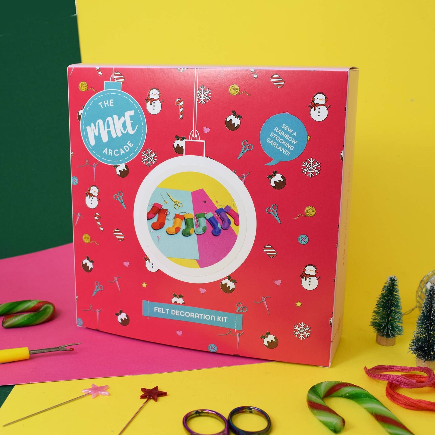 Stitch a set of cute and colourful stockings for a traditional Christmas decoration with a twist! Our felt project kits are great for beginners as the kit contains everything you'll need to sew and assemble the beautiful decorations. Learn to sew and decorate your home with some handmade ornaments this