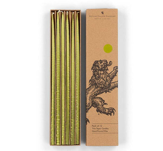 British Colour Standard Thin Taper Candle in Olive Green, 25cm tall, eco-friendly, fair trade, drip-free, 12-pack, elegant tablescape.