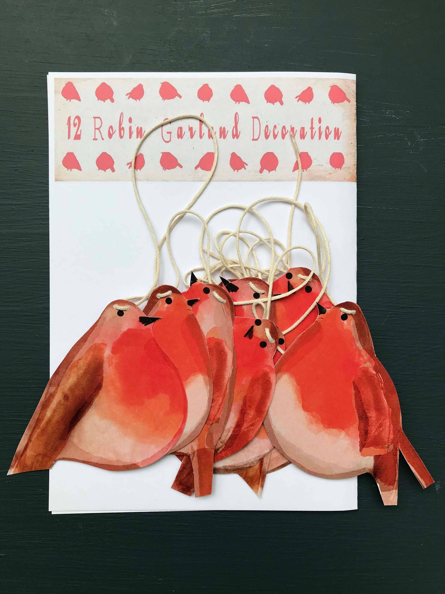 Festive Robin Garland by Wini Tapp featuring 12 double-sided printed robins, 2 metres long, printed on cardstock, strung on hemp string