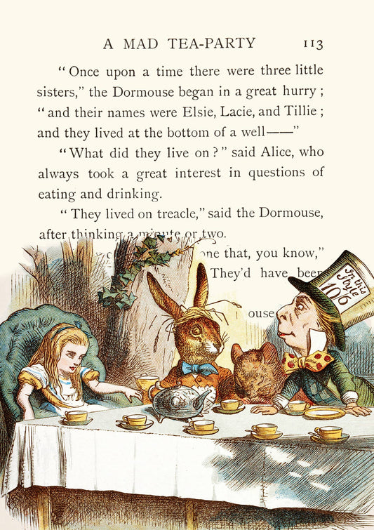 Close-up of Alice in Wonderland vintage greeting card showing detailed illustration