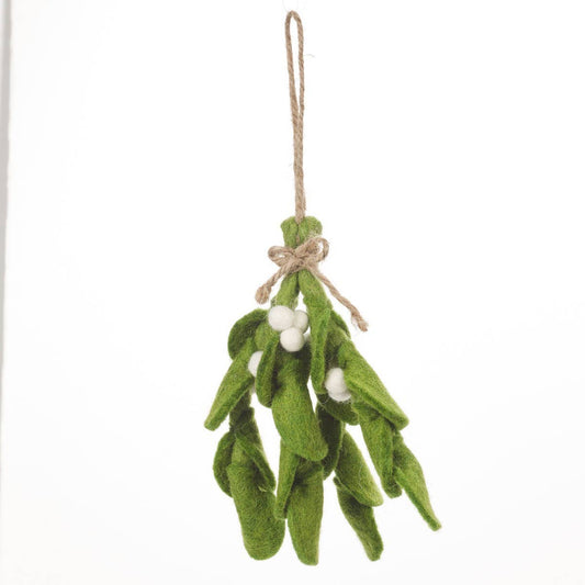 Close-up of biodegradable needle felted mistletoe tied with natural rope