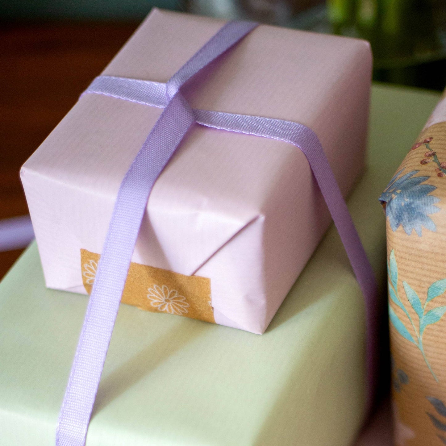 Lilac biodegradable Tencel ribbon, 9mm wide, 5m reel, eco-friendly gift wrap, cardboard core, certified compostable and sustainably sourced.