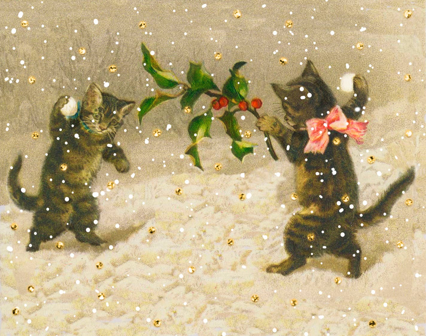 A glittery snow scene sets the stage for a playful card, featuring two frolicking kittens engaged in a snowball fight. Vintage inspiration adds an extra touch of charm.