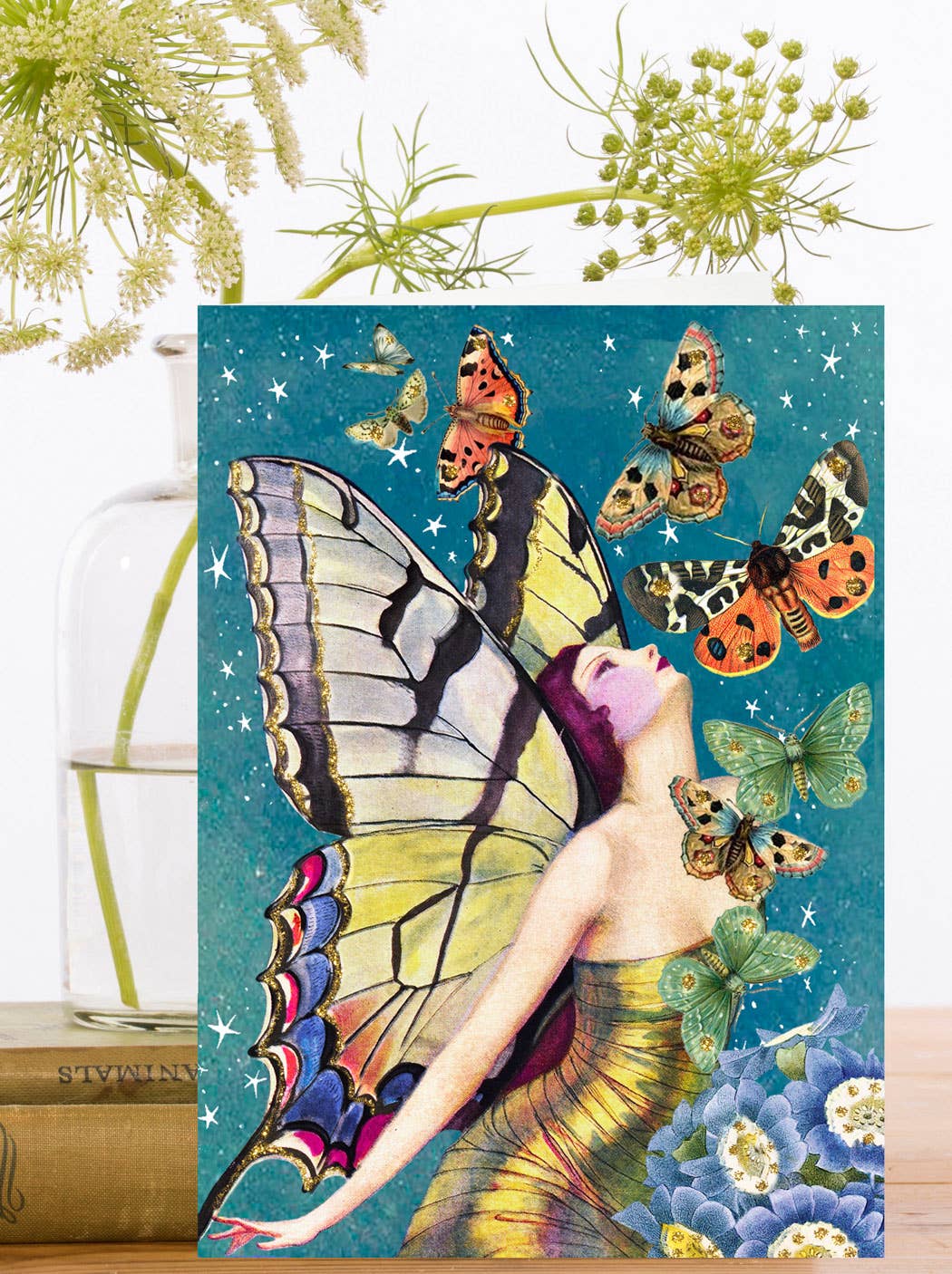 Hand glittered vintage collage blank greeting card featuring encapsulated glitter