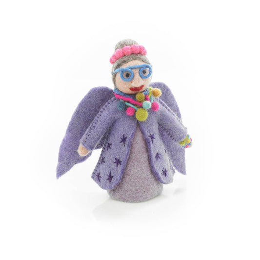 Your Fairy Godmother has arrived - and she's funkier than ever! Ready to bring your Christmas tree to life, but not with her magic, with her fabulously vibrant outfit! Funky Fair Godmother is wearing her purple or pink needle felted dress, with hand embroidered stars and comes accessorised with pompom jewellery and bright felted glasses.
This quirky tree topper has been brought to life using traditional needle felting techniques in Nepal, and is made entirely from sustainable and plastic-free materials.