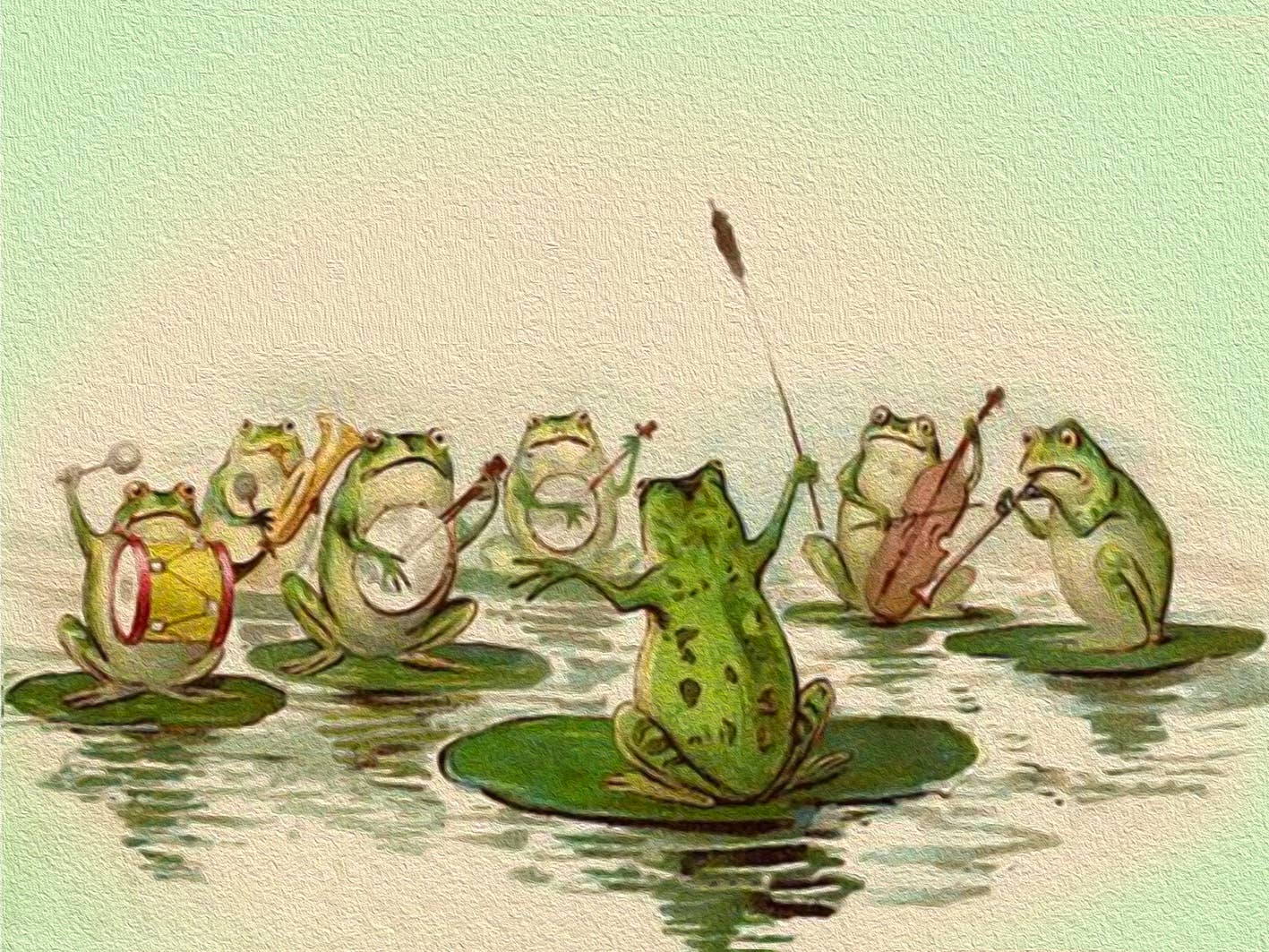 Close-up of Madame Treacle Frogs Choir Greeting Card, sustainably sourced