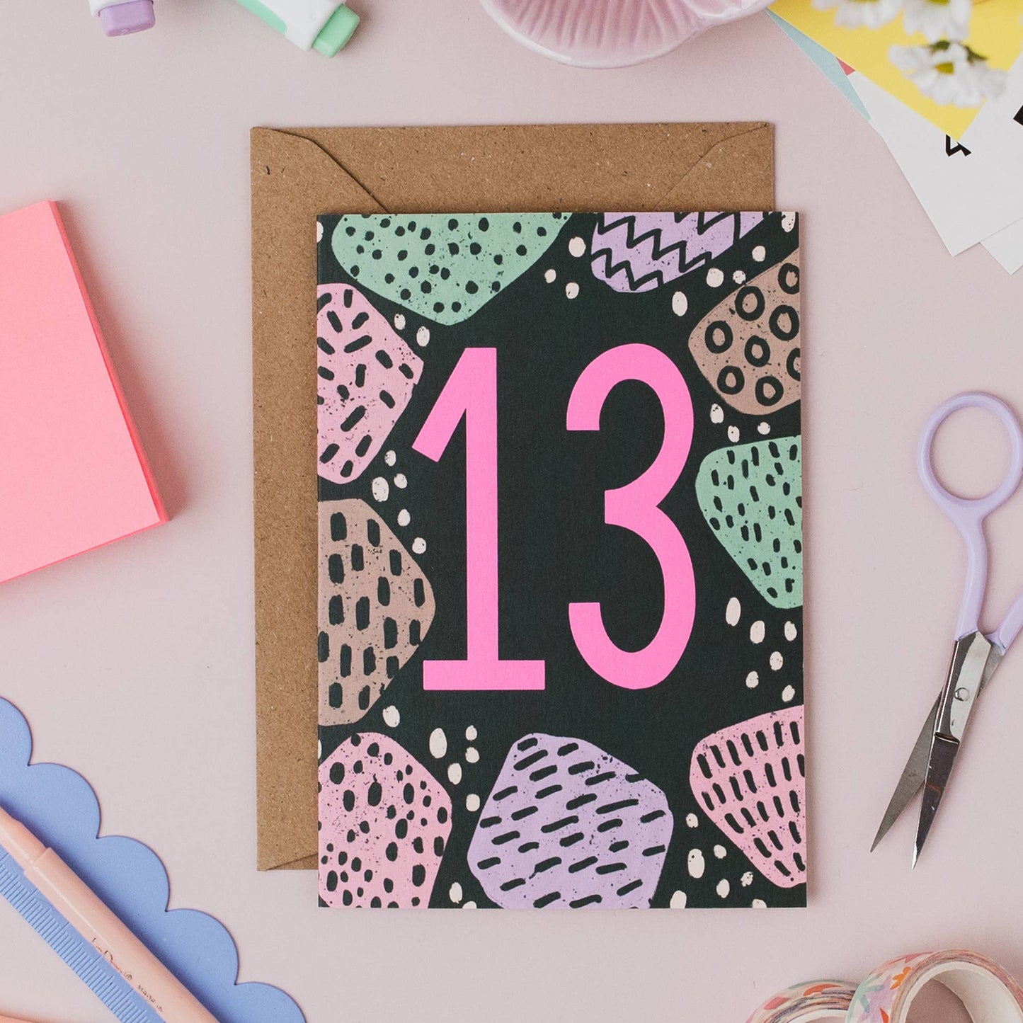 Plastic-free 5x7 inch 13th birthday card with modern design