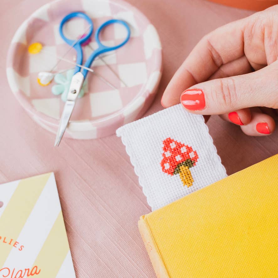 Gift-ready toadstool cross stitch bookmark kit for book lovers