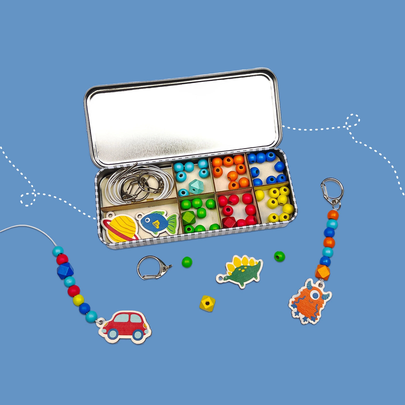 Plastic-free creative activity set for kids to make 5 colourful keyrings.