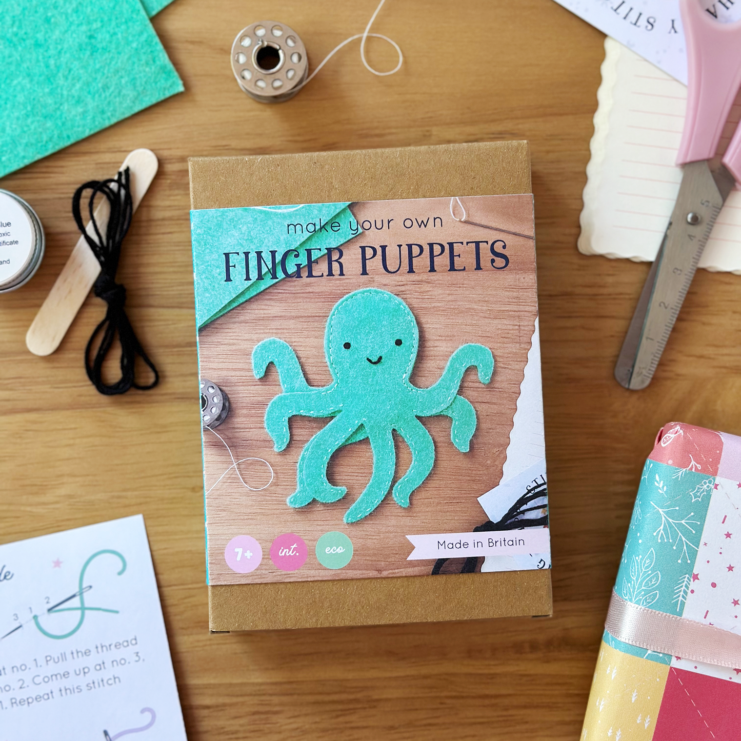Octopus Felt Finger Puppet Craft Kit box with branded sleeve