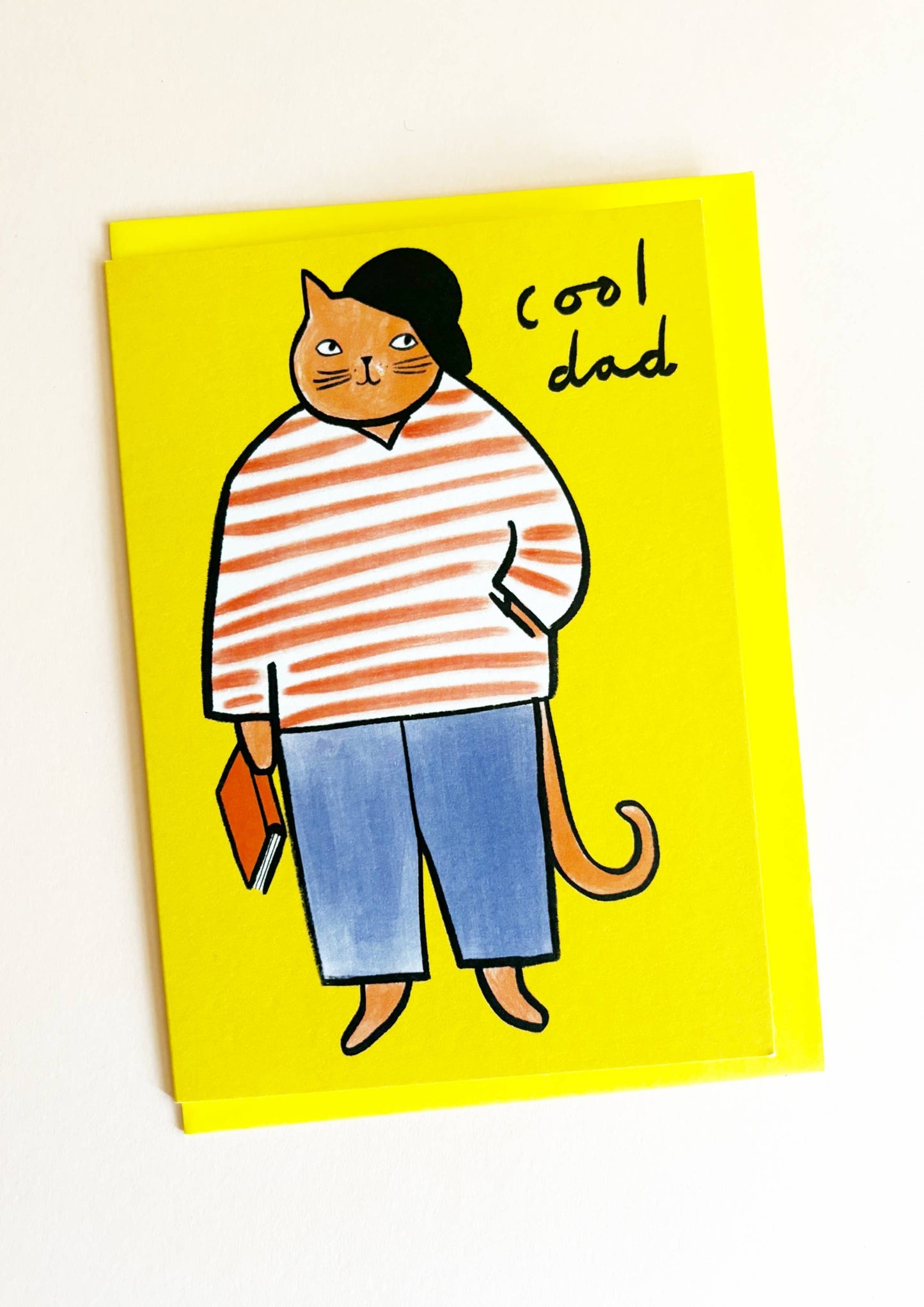Cool Dad Happy Birthday Card with cat in Breton top and beret, exclusive Kitty Kenda illustration
