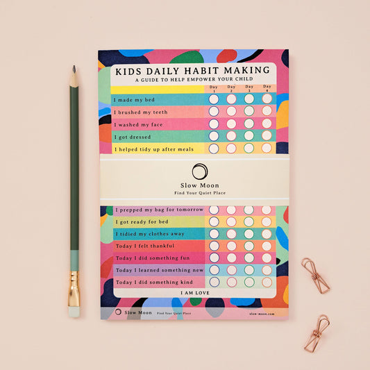 Close-up of A5 Kids Daily Habit Pad with space for daily tasks and ticks, made in the UK.