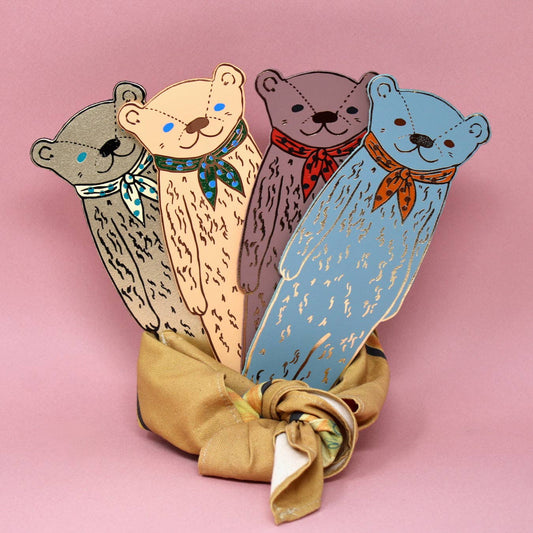 Bear genuine leather bookmark with shiny and matte foil, made in UK, eco-friendly gift.