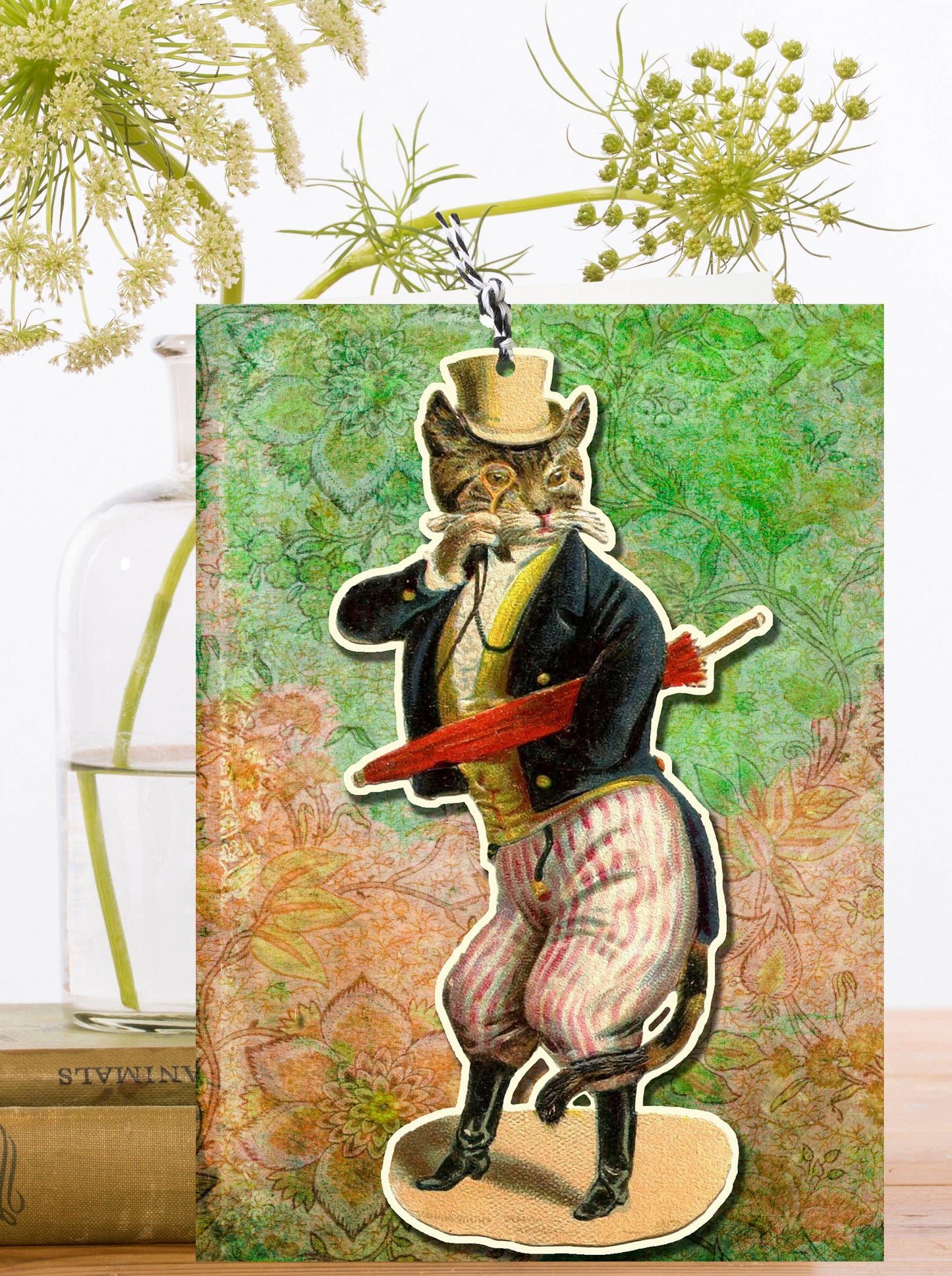 Dapper Cat Large Fandangle Greeting Card with detachable keepsake, sustainably sourced