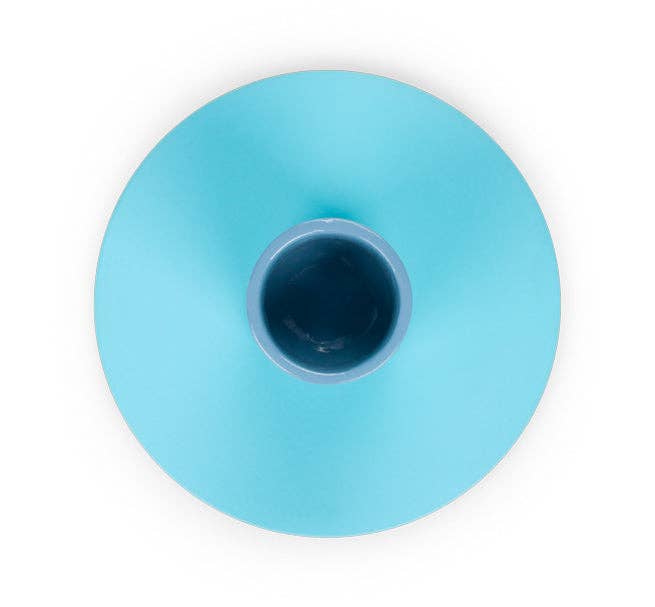 Small two-tone metal candleholder by British Colour Standard, painted mild steel with a glossy finish, 8cm diameter x 4cm height, boxed in kraft packaging.