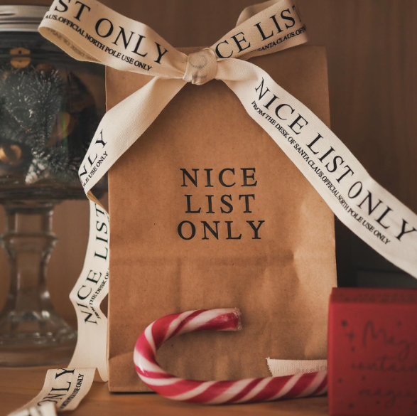 Brown paper bag with 'Nice List Only' ribbon and candy cane, Christmas theme.