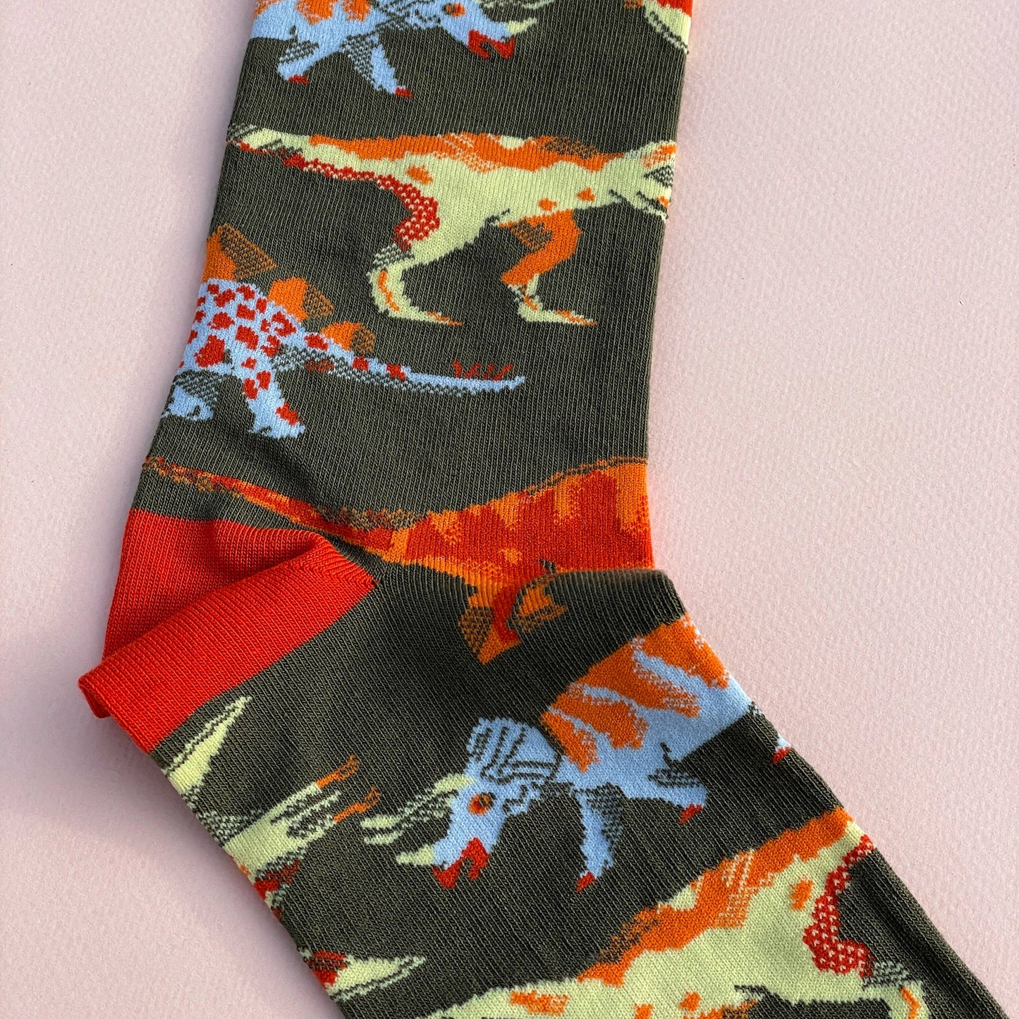 Colourful hand-illustrated dinosaur cotton socks by James Barker—fun, vibrant, and perfect for dinosaur lovers and collectors.