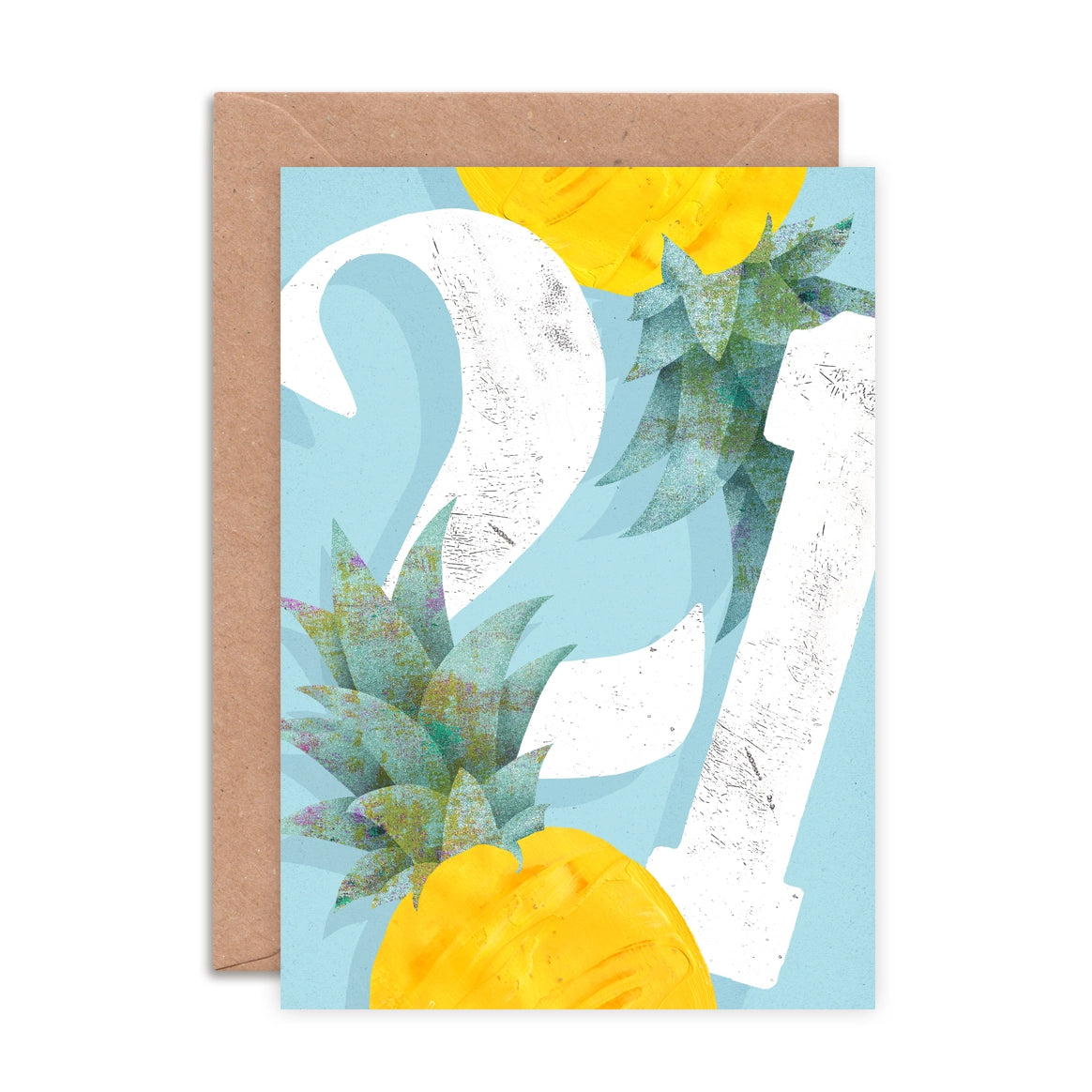 A6 greeting card featuring illustrated pineapple and ‘Twenty One’ caption by Emily Nash, printed on sustainable matte card with a recycled kraft envelope
