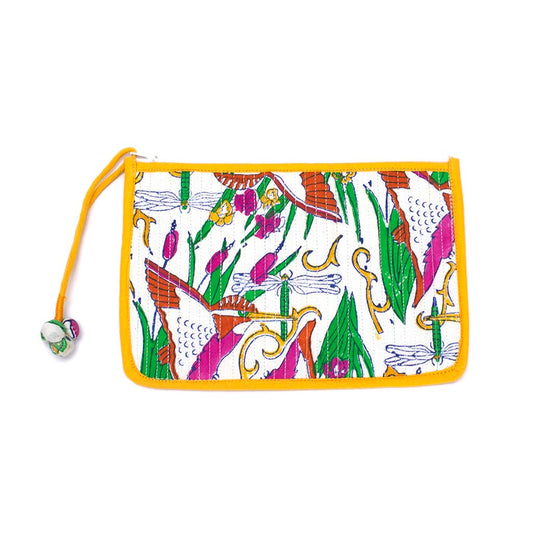 Close-up of Kingfisher design on a medium Indian block print cotton pouch. Ethical and plastic-free.