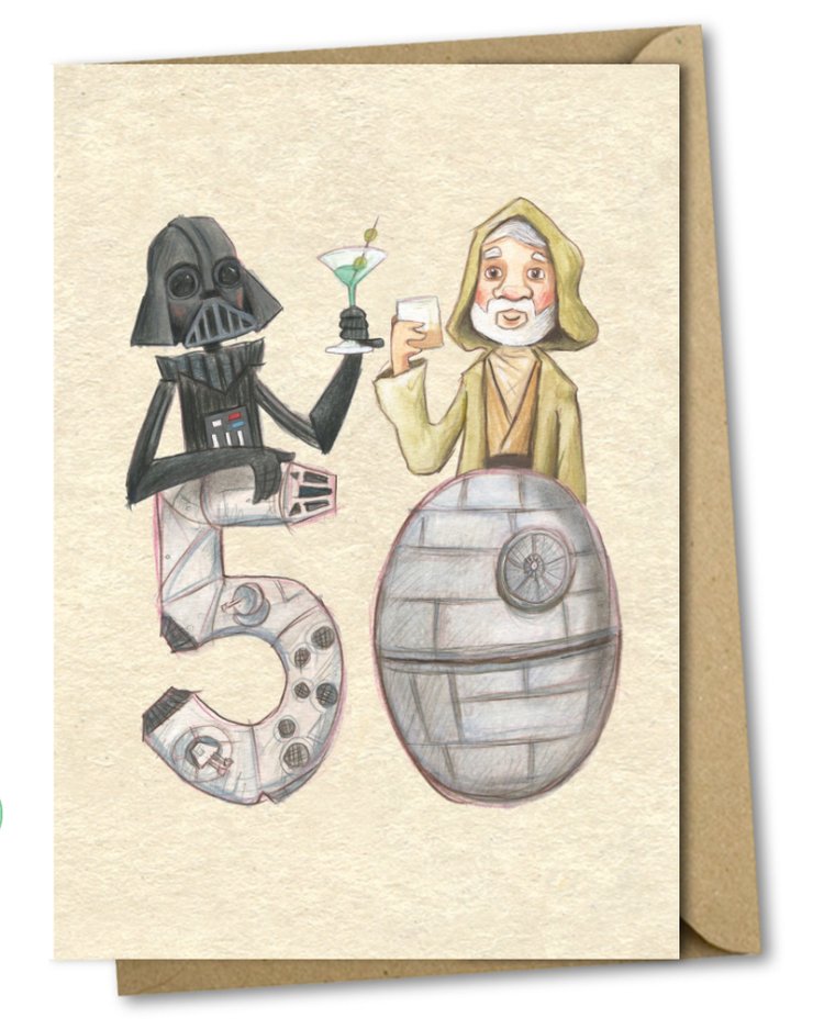 Funny Star Wars 50th Birthday Card showing Darth Vader and Obi-Wan Kenobi sharing a drink, printed on sustainably sourced paper in the UK.